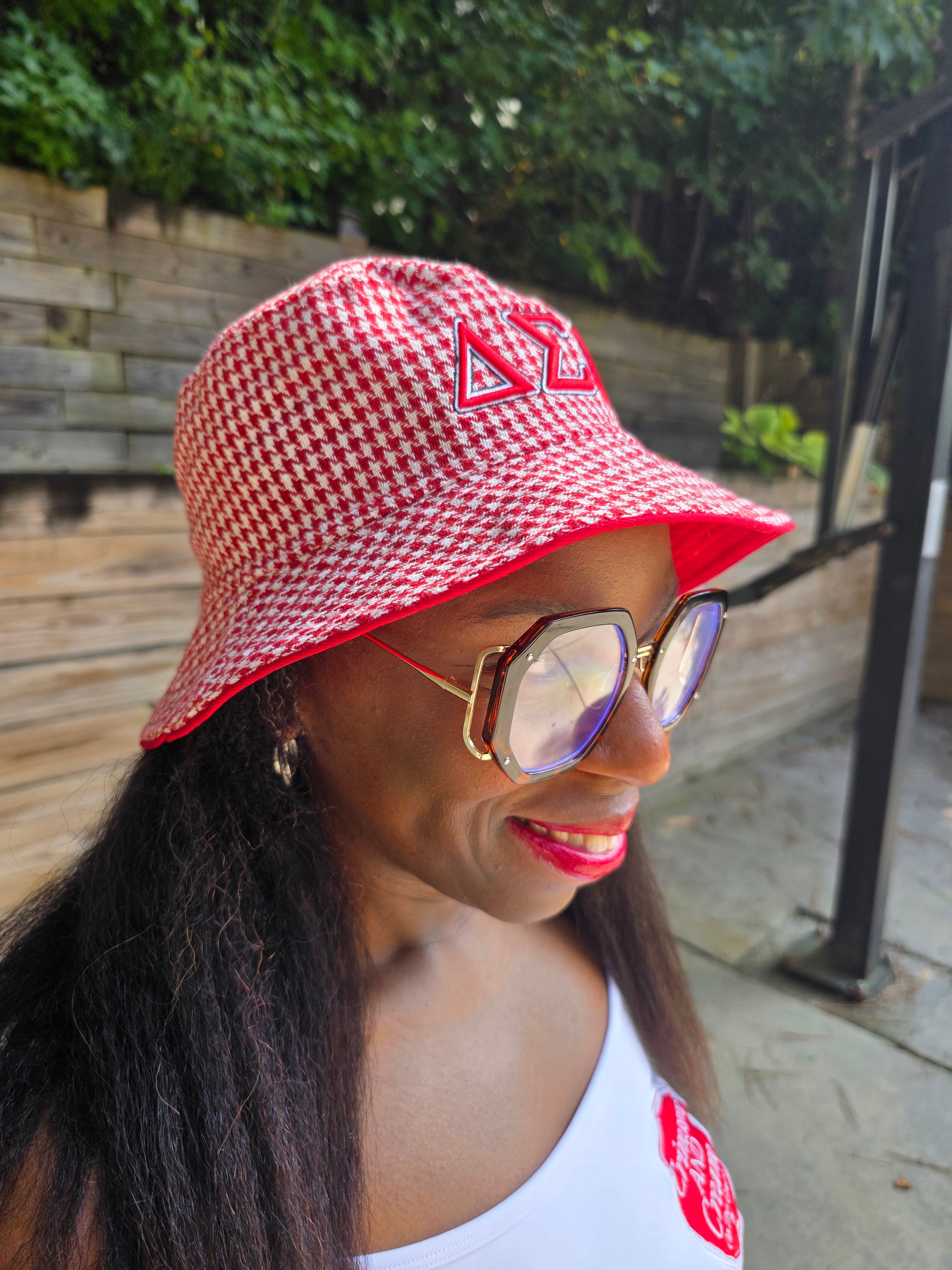 Vintage Bucket Hat Pink White Houndstooth Pattern TweedHoundstoothSuriAlpacaBuck  main image 2