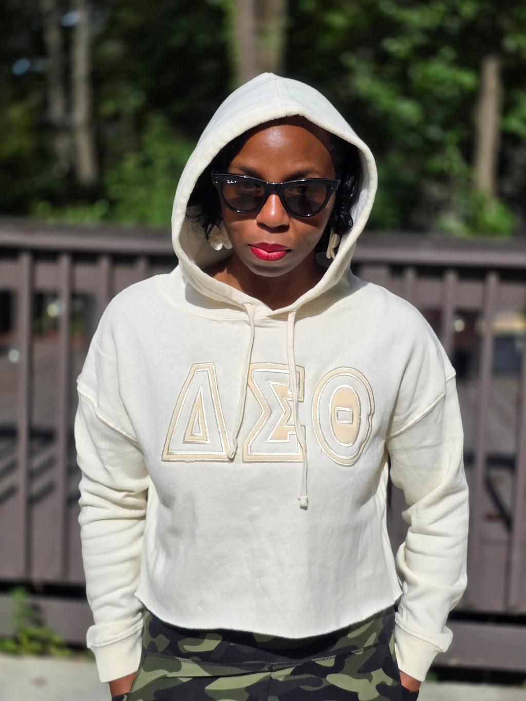 Delta Sigma Theta Cream-on-Cream Cropped Hoodie | Embroidered DST