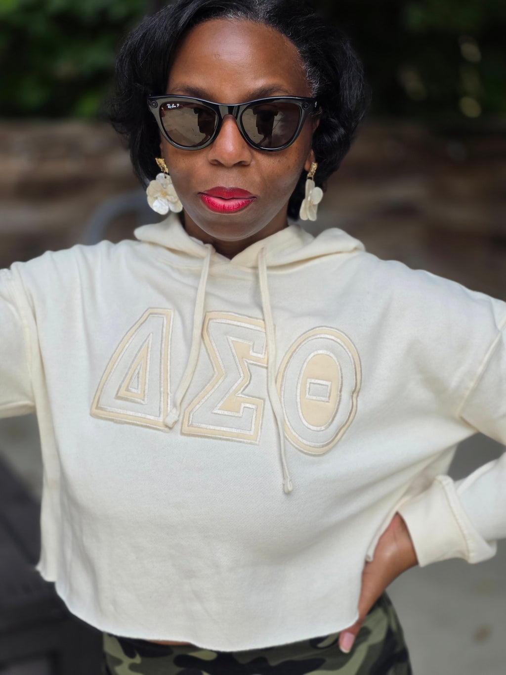 Delta Sigma Theta Cream-on-Cream Cropped Hoodie | Embroidered DST