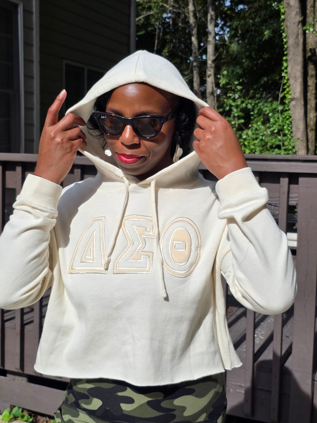 Delta Sigma Theta Cream-on-Cream Cropped Hoodie | Embroidered DST