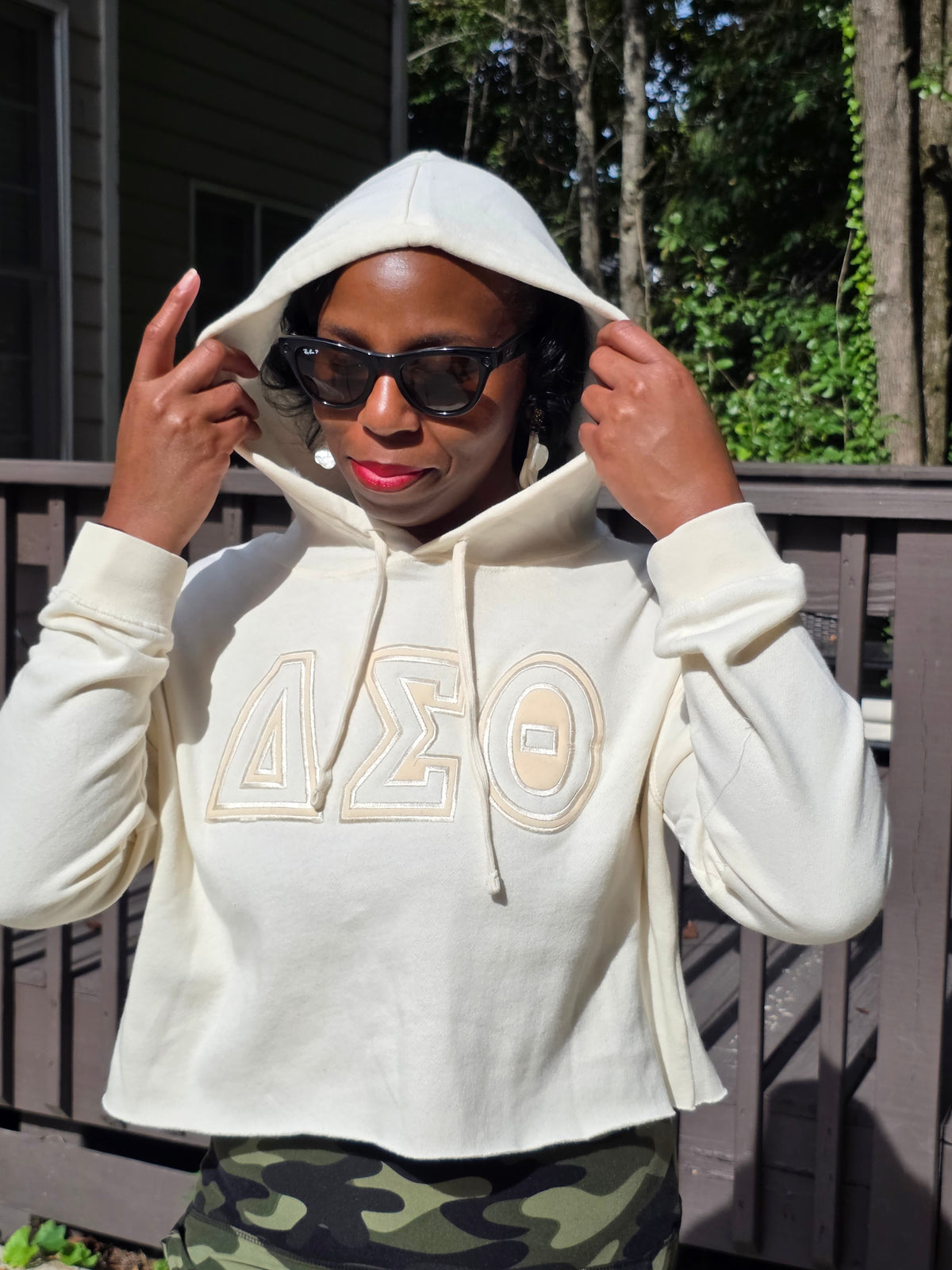 Delta Sigma Theta Cream-on-Cream Cropped Hoodie | Embroidered DST