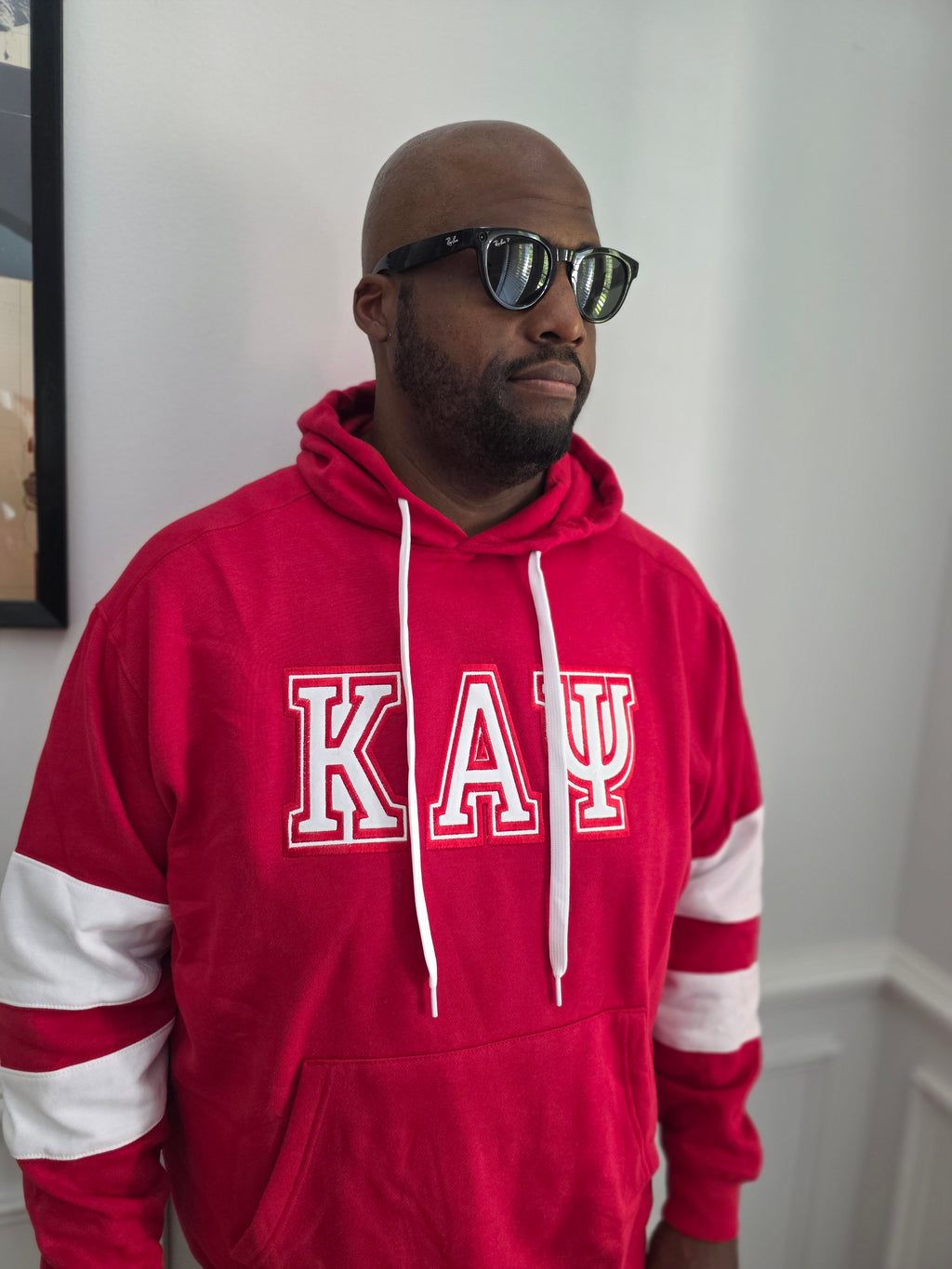 Kappa Alpha Psi crimson fleece hoodie with white embroidered Greek letters K-A-Psi across chest